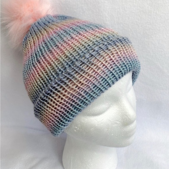 Pom Pom Hat, Striped Hat, PomPom Beanie, Knit Hat, Brand New, Never Worn - Picture 2 of 4